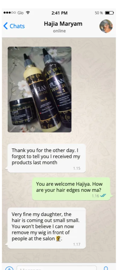 WhatsApp testimonial from Hajia Maryam about her edges and confidence